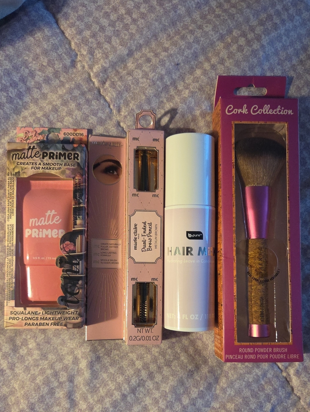 Assorted Women’s Makeup Set — Matte Primer, Brow Pencil, Hair Milk, Powder Brush